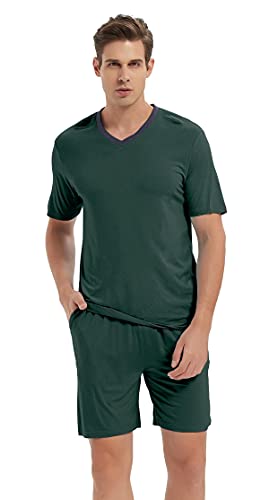 AjezMax Herren Schlafanzug Kurz V-Ausschnitt Zweiteiliger Pyjama Set Kurzarm Weich Nachtwäsche Oberteil und Schlafanzughose Loungewear Freizeitanzug S Seeblau von AjezMax