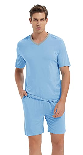 AjezMax Herren Schlafanzug Kurz Zweiteiliger Pyjama Bambus Set Sommer Leicht Kühl Nachtwäsche V-Ausschnitt Kurzarm Oberteil & Schlafanzughose L Himmelblau von AjezMax