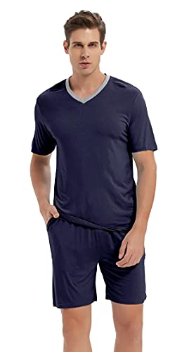 AjezMax Herren Sommer Kurzarm Pyjamas Set Nachtwäsche aus Weicher Baumbus V-Ausschnitt Nachtwäsche Hauskleidung for Männer L Marineblau von AjezMax