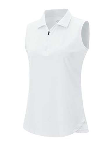 AjezMax Poloshirt Ärmellos Damen Golf Polohemd Sommer Sonnenschutz Atmungsaktiv Sport Top mit Zip Weiß XXL von AjezMax