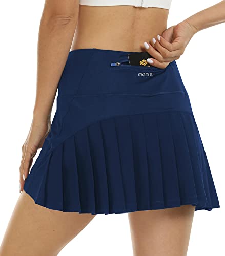 AjezMax Sportskort Damen Basic Solide Tennisrock Sportrock High Waist Plissiert Golfrock Laufröcke mit Taschen Innenhose Marineblau L von AjezMax