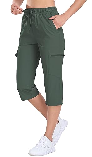 AjezMax Wanderhose Damen Caprihose Outdoorhose 3/4 Hose Trekkinghose zum Klettern Sonnenschutz Outdoor mit Reißverschlusstasche Militärgrün M von AjezMax