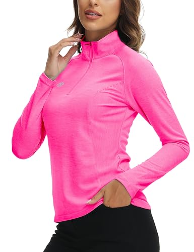 AjezMax Wandershirt Damen 1/4 Reißverschluss UPF 50+ T-Shirt Workout Stretch Slim Fit Langarmshirt Laufshirt für Jogging Yoga Rosenrot XX-Large von AjezMax