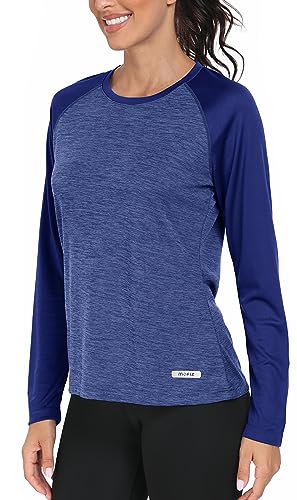 AjezMax Wandershirt Damen UPF 50+ T-Shirt Langarm Fitness Laufshirt Leicht Quick Drying Outdoor Tops Freizeit Sommershirt Mittelblau XXL von AjezMax