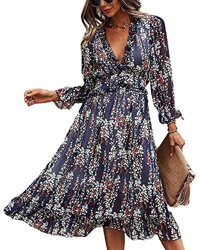 Ajpguot Boho Kleid Damen Chiffon Lange Sommerkleid Partykleid Tief V-Ausschnitt Abendkleid Maxikleid Rüschen Strandkleid Blumenkleid Cocktailkleid (L, Dunkelblau) von Ajpguot