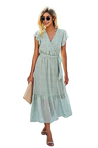 Ajpguot Boho Kleid Damen Lang Chiffon Sommerkleid V-Ausschnitt Maxikleid Blumenkleid Rüschen Flügelärmel Sommer Strandkleid Wickelkleid mit Gürtel （S, Lichtgrün） von Ajpguot