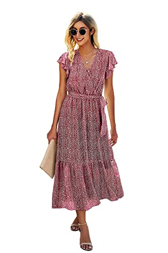 Ajpguot Boho Kleid Damen Lang Chiffon Sommerkleid V-Ausschnitt Maxikleid Blumenkleid Rüschen Flügelärmel Sommer Strandkleid Wickelkleid mit Gürtel （S, Rot） von Ajpguot