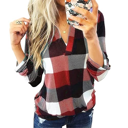 Ajpguot Damen Bluse Casual Kariertes Hemd Elegant V-Ausschnitt Tunika Oberteile Langarm Lose Plaid Shirt Tops （XXL, Rot） von Ajpguot