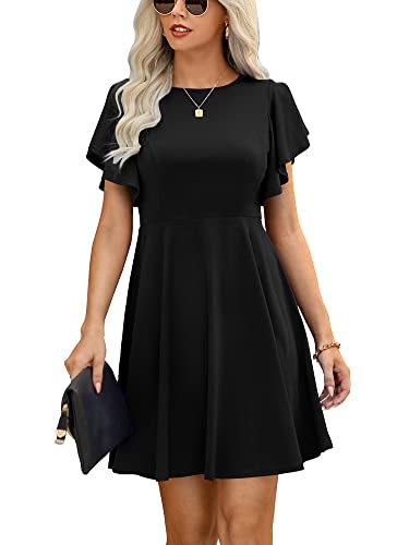 Ajpguot Damen Elegant Sommerkleid A Linie Kleid Rundhals Schmetterlingsärmel Freizeitkleid Hohe Taille Stretchy Rockabilly Swing Kleider Knielang Cocktailkleid (Schwarz, L) von Ajpguot