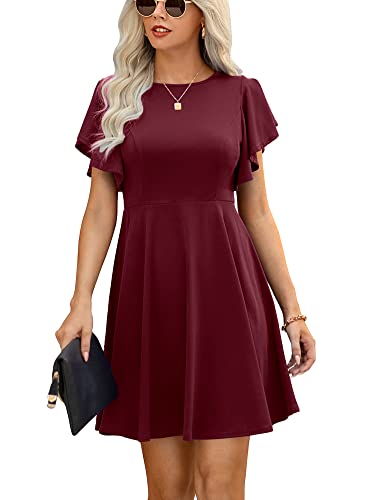 Ajpguot Damen Elegant Sommerkleid A Linie Kleid Rundhals Schmetterlingsärmel Freizeitkleid Hohe Taille Stretchy Rockabilly Swing Kleider Knielang Cocktailkleid (Weinrot, S) von Ajpguot