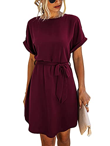 Ajpguot Damen Elegant Tunika Kleid Rundhals Kurzarm Chiffonkleid Hohe Taille Sommerkleid Kurz Freizeitkleid mit Gürtel (Weinrot, XL) von Ajpguot