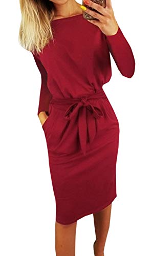 Ajpguot Damen Freizeit Kleid mit Gürtel Elegant Rundhals Midi Kleider Blusenkleider Frauen Langarm Wickelkleider mit Tasche Partykleid (0997 Rotwein, 3XL) von Ajpguot