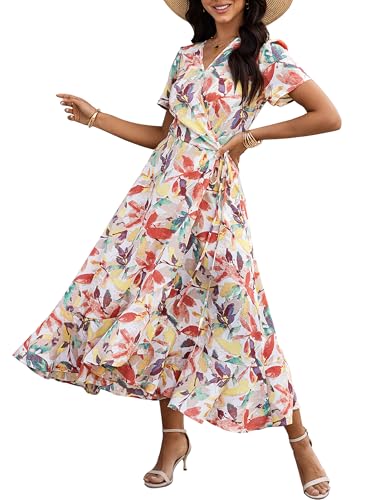 Ajpguot Damen Lang Sommerkleid Boho Blumen Kleid Sommer Wickelkleid Elegant Rüschen Saum Fließend Teilt Maxikleid Casual Kurzarm V-Ausschnitt Strandkleid Abendkleid (M, Ahornblatt) von Ajpguot