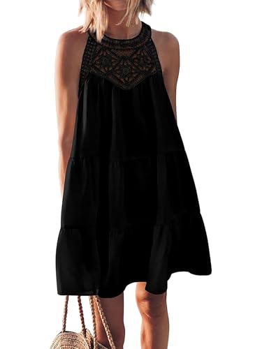 Ajpguot Damen Leicht und Luftig Kurz Sommerkleid Nadelhaken Aushöhlen Ärmellos Neckholder Kleid Schichtung A Linie Swing Kleider Minikleid Casual Lose Urlaub Strandkleid Trägerkleid (L, Schwarz) von Ajpguot