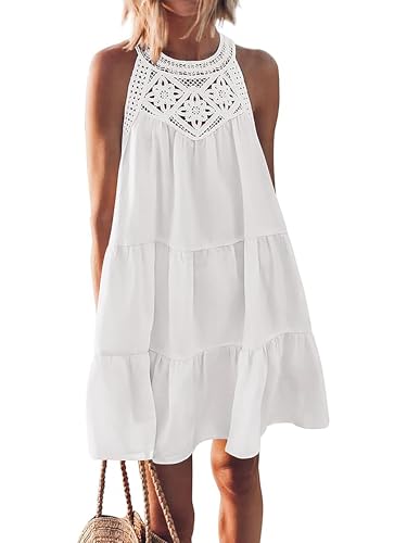 Ajpguot Damen Leicht und Luftig Kurz Sommerkleid Nadelhaken Aushöhlen Ärmellos Neckholder Kleid Schichtung A Linie Swing Kleider Minikleid Casual Lose Urlaub Strandkleid Trägerkleid (L, Weiß) von Ajpguot