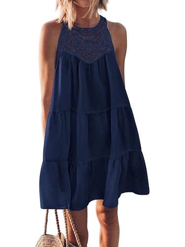 Ajpguot Damen Leicht und Luftig Kurz Sommerkleid Nadelhaken Aushöhlen Ärmellos Neckholder Kleid Schichtung A Linie Swing Kleider Minikleid Casual Lose Urlaub Strandkleid Trägerkleid (M, Dunkelblau) von Ajpguot