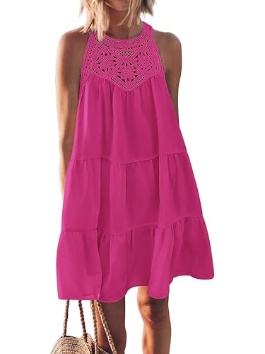 Ajpguot Damen Leicht und Luftig Kurz Sommerkleid Nadelhaken Aushöhlen Ärmellos Neckholder Kleid Schichtung A Linie Swing Kleider Minikleid Casual Lose Urlaub Strandkleid Trägerkleid (M, Rosenrot) von Ajpguot