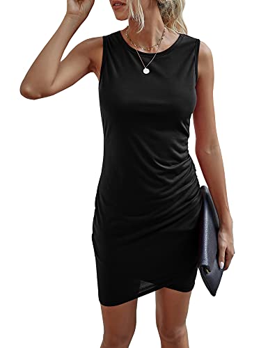 Ajpguot Damen Mode Bodycon Kurz Kleid Armellos Rundhals Sommerkleid Wickelkleid Elegant Gerafft Basic Minikleid Freizeitkleid (L, 106 Schwarz) von Ajpguot