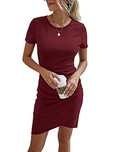 Ajpguot Damen Mode Bodycon Kurz Kleid Kurzarm Rundhals Sommerkleid Wickelkleid Elegant Gerafft Basic Minikleid Freizeitkleid (L, 104 Rotwein) von Ajpguot