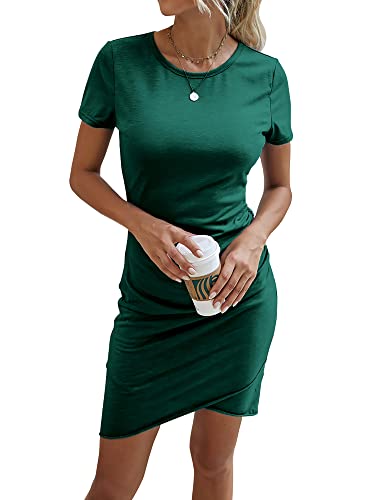 Ajpguot Damen Mode Bodycon Kurz Kleid Kurzarm Rundhals Sommerkleid Wickelkleid Elegant Gerafft Basic Minikleid Freizeitkleid (M, 104 Dunkelgrün) von Ajpguot