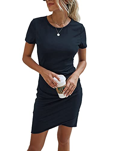 Ajpguot Damen Mode Bodycon Kurz Kleid Kurzarm Rundhals Sommerkleid Wickelkleid Elegant Gerafft Basic Minikleid Freizeitkleid (XL, 104 Dunkelblau) von Ajpguot