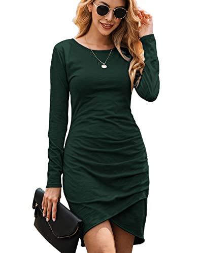 Ajpguot Damen Mode Gerafft Bodycon Kleid Langarm Rundhals Basic Kurz Minikleid Blusenkleid Elegant Wickelkleid Freizeitkleid （S, Dunkelgrün） von Ajpguot