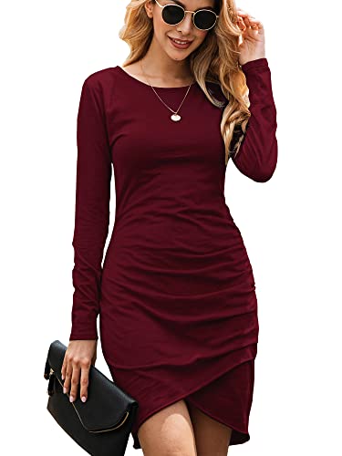 Ajpguot Damen Mode Gerafft Bodycon Kleid Langarm Rundhals Basic Kurz Minikleid Blusenkleid Elegant Wickelkleid Freizeitkleid （S, Rotwein） von Ajpguot