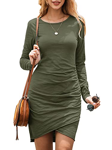 Ajpguot Damen Mode Gerafft Bodycon Kleid Langarm Rundhals Basic Kurz Minikleid Blusenkleid Elegant Wickelkleid Freizeitkleid （XL, Armeegrün） von Ajpguot