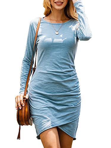 Ajpguot Damen Mode Gerafft Bodycon Kleid Langarm Rundhals Basic Kurz Minikleid Blusenkleid Elegant Wickelkleid Freizeitkleid （XL, Blau） von Ajpguot