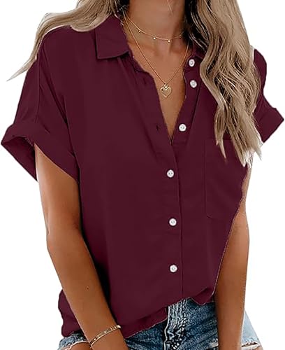 Ajpguot Damen Sommer Bluse Oberteil Kurzarm V-Ausschnitt Button Down Blusen Shirt Elegant Einfarbig Hemden Top Casual Lose Blusenshirt mit Tasche (S, Weinrot) von Ajpguot