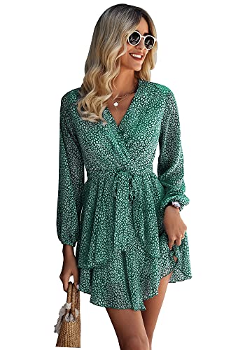 Ajpguot Damen Tiefer V-Ausschnitt Lange Ärmel Sommerkleid mit Gürtel Blumenmuster Rüschen Strandkleid Hohe Taille Kurz Swing Skater Chiffon Kleid Casual Minikleid （Dunkelgrün, XL） von Ajpguot