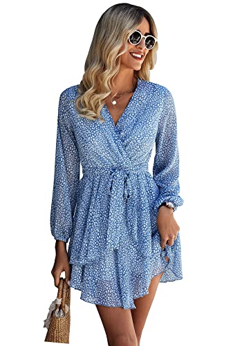 Ajpguot Damen Tiefer V-Ausschnitt Lange Ärmel Sommerkleid mit Gürtel Blumenmuster Rüschen Strandkleid Hohe Taille Kurz Swing Skater Chiffon Kleid Casual Minikleid （Hellblau, L） von Ajpguot