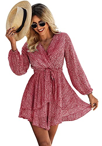 Ajpguot Damen Tiefer V-Ausschnitt Lange Ärmel Sommerkleid mit Gürtel Blumenmuster Rüschen Strandkleid Hohe Taille Kurz Swing Skater Chiffon Kleid Casual Minikleid （Rot, L） von Ajpguot