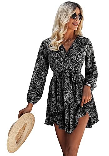 Ajpguot Damen Tiefer V-Ausschnitt Lange Ärmel Sommerkleid mit Gürtel Blumenmuster Rüschen Strandkleid Hohe Taille Kurz Swing Skater Chiffon Kleid Casual Minikleid （Schwarz, M） von Ajpguot