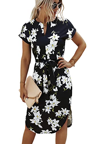 Ajpguot Sommerkleid Damen Elegant Kleider Kurzarm V-Ausschnitt Strandkleid Blumen Knielang Kleid mit Gürtel Partykleid Abendkleid (Schwarz-Weiss, XL) von Ajpguot