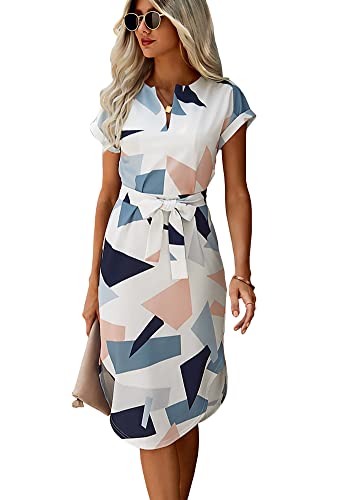 Ajpguot Sommerkleid Damen Elegant Kleider Kurzarm V-Ausschnitt Strandkleid Blumen Knielang Kleid mit Gürtel Partykleid Abendkleid (Weiß, M) von Ajpguot