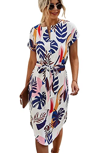 Ajpguot Sommerkleid Damen Elegant Kleider Kurzarm V-Ausschnitt Strandkleid Blumen Knielang Kleid mit Gürtel Partykleid Abendkleid (Weiß-blau, L) von Ajpguot