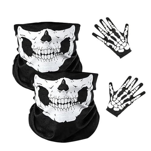 Ajuanbazha 2 Stück Totenkopf Maske + Skeletthandschuhe, Halloween Totenkopfmaske Skelett Handschuhe, Totenkopf Halstuch als Wärm und Schutztuch von Ajuanbazha