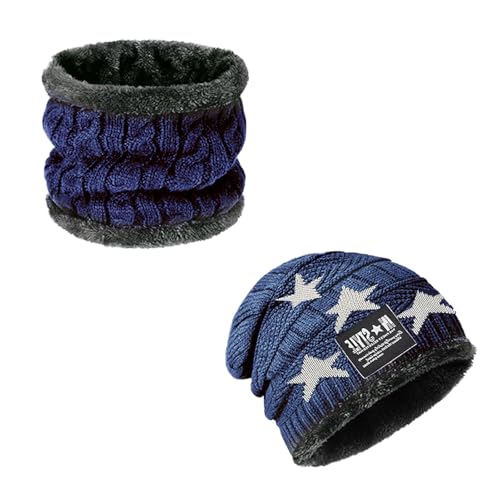 Ajuanbazha Mütze Beanie Hut Kind, Wintermütze für Kind, Strickmütze Winter Warm Skullies, Wintermütze und Loop Schal Cap Outdoor Radfahren fur Kind (Blau) von Ajuanbazha