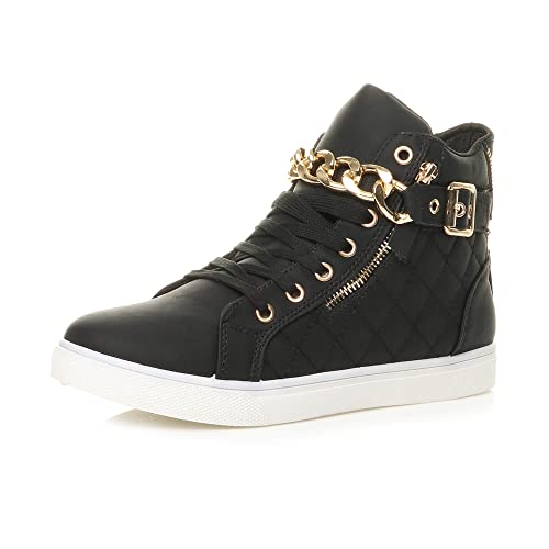 Ajvani Damen Goldkette Schnüren Steppmuster Hi-Top Sneakers Turnschuhe Größe 5 38 von Ajvani