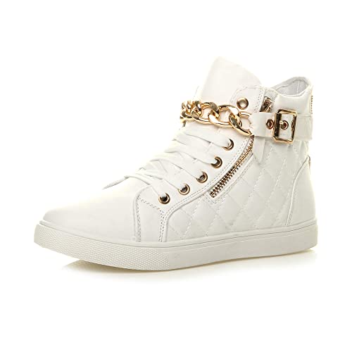 Ajvani Damen Goldkette Schnüren Steppmuster Hi-Top Sneakers Turnschuhe Größe 6 39 von Ajvani