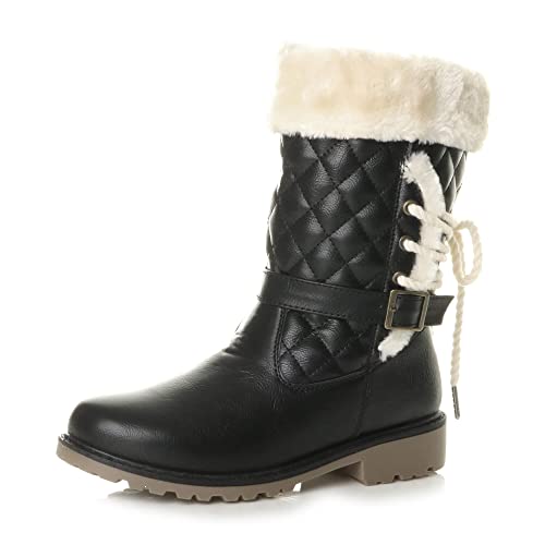 Damen Flach Kleiner Absatz Webpelz Futter Gesteppt Wade Winter Stiefel Größe 8 41 von Ajvani