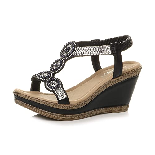 Ajvani Damen Hoher Keilabsatz Diamant T-Riemen Espadrille Plateausandalen Größe 5 38 von Ajvani