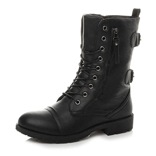 Damen Kleiner Absatz Schnüren Hoch Biker Stiefeletten Militärstiefel Größe 6 39 von Ajvani