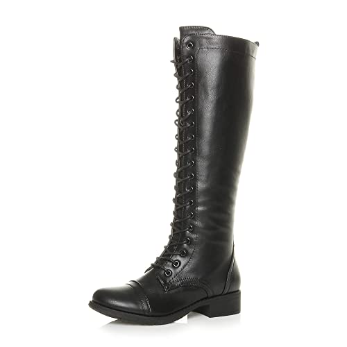 Damen Kleiner Absatz Schnüren Wade Knie Hoch Biker Militärstiefel Größe 6 39 von Ajvani