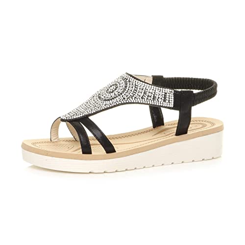 Damen Kleiner Keilabsatz Flachform Diamant T-Strap Plattform Slingback-Sandalen Größe 4 37 von Ajvani