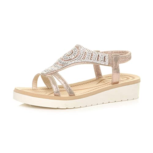 Ajvani Damen kleiner Keilabsatz Flachform Diamant T-Strap Plattform Slingback-Sandalen Größe 5 38 von Ajvani