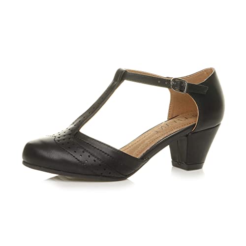 Damen Mitte Blockabsatz T-Riemen Ausgeschnitten Brogues Pumps Sandalen Größe 5 38 von Ajvani