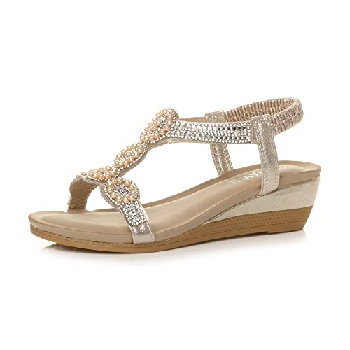 Damen Mittlerer Keilabsatz Diamant Perlen Elastisch Sandaletten Slingback T-Riemensandalen Größe 8 41 von Ajvani