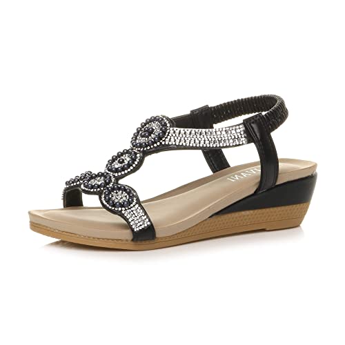 Damen Mittlerer Keilabsatz Diamant Perlen Elastisch Sandaletten Slingback T-Riemensandalen Größe 8 41 von Ajvani